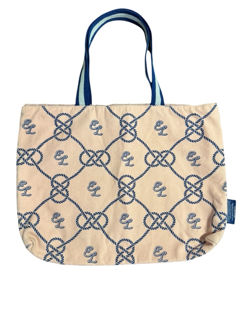Estee Lauder Recycled Canvas Tote Bag Nautical Rope Monogram Beige Blue Shoulder
